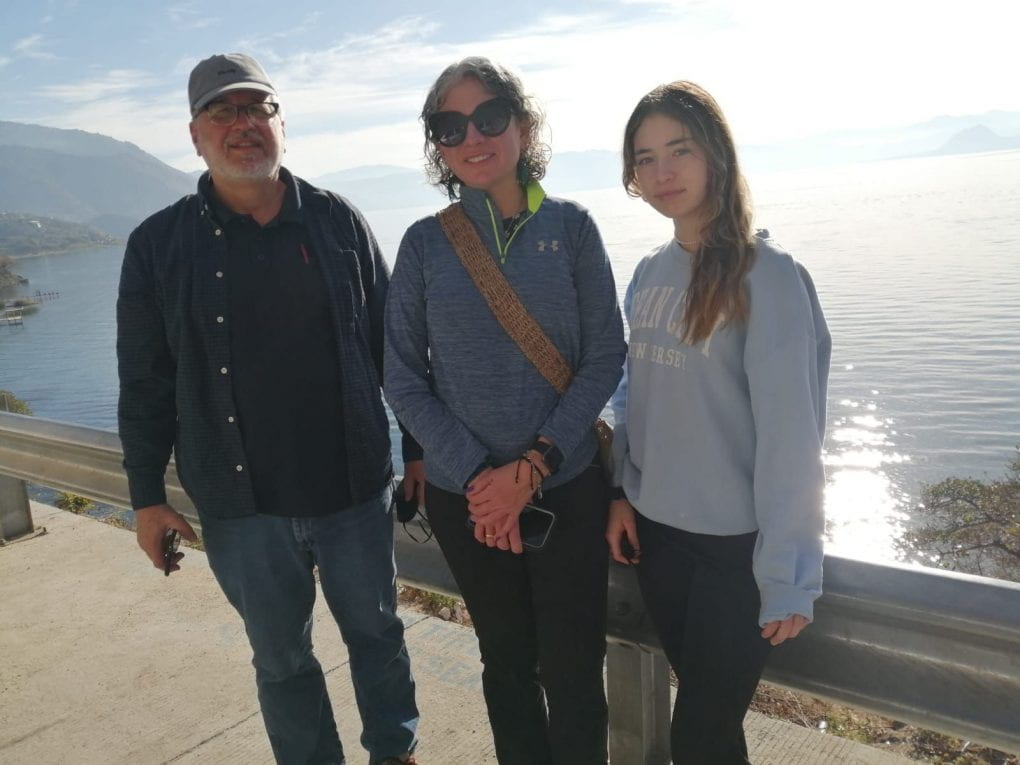 Tony Sauder, Angelita Fasnacht-Cuellar and Mariela Fasnacht at Lake Atitlan before our trip up the mountain to Panyebar