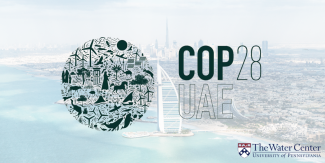 COP28 logo with Dubai in background